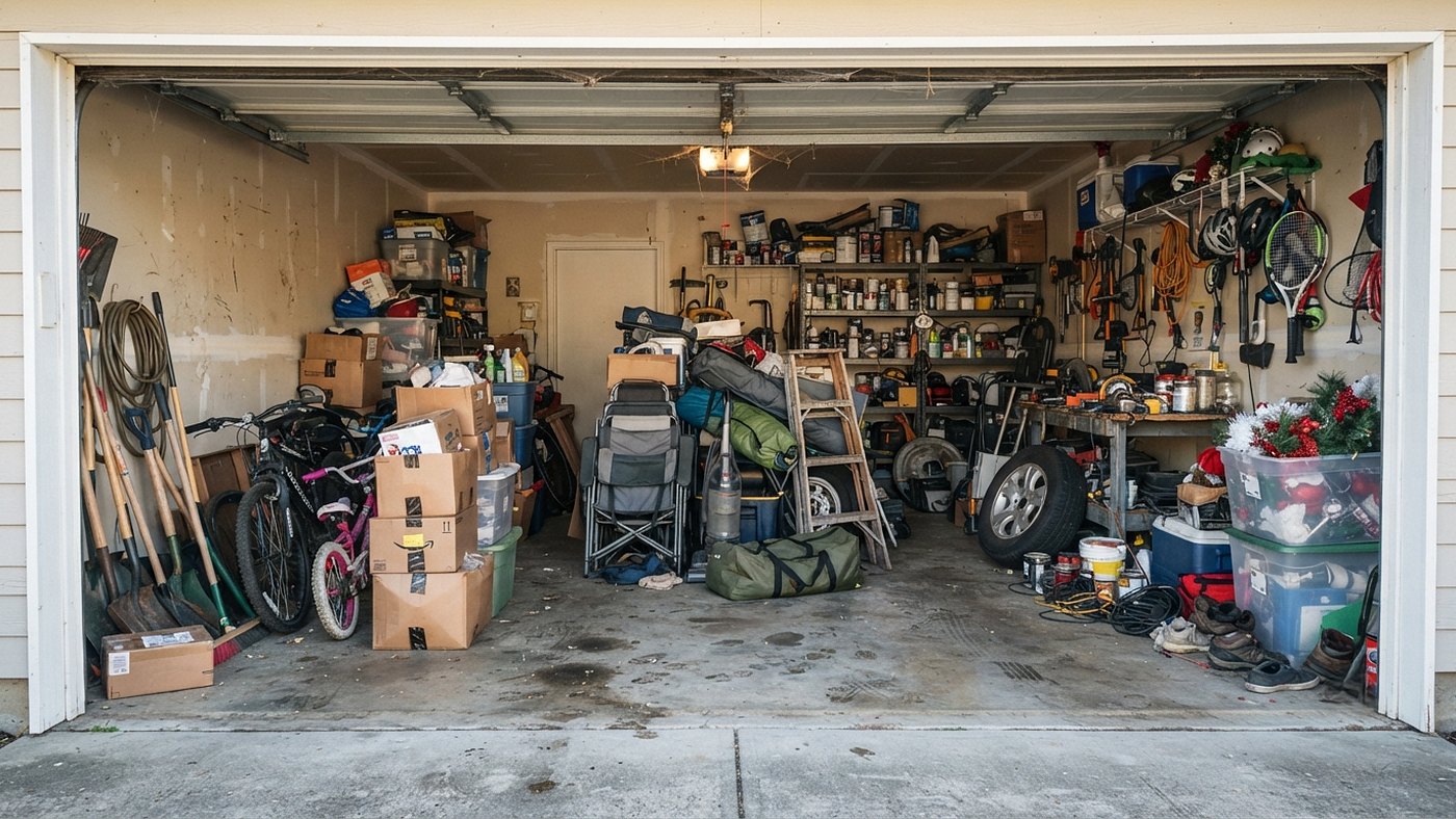 Garage vor der Entrümpelung – vollgestellt